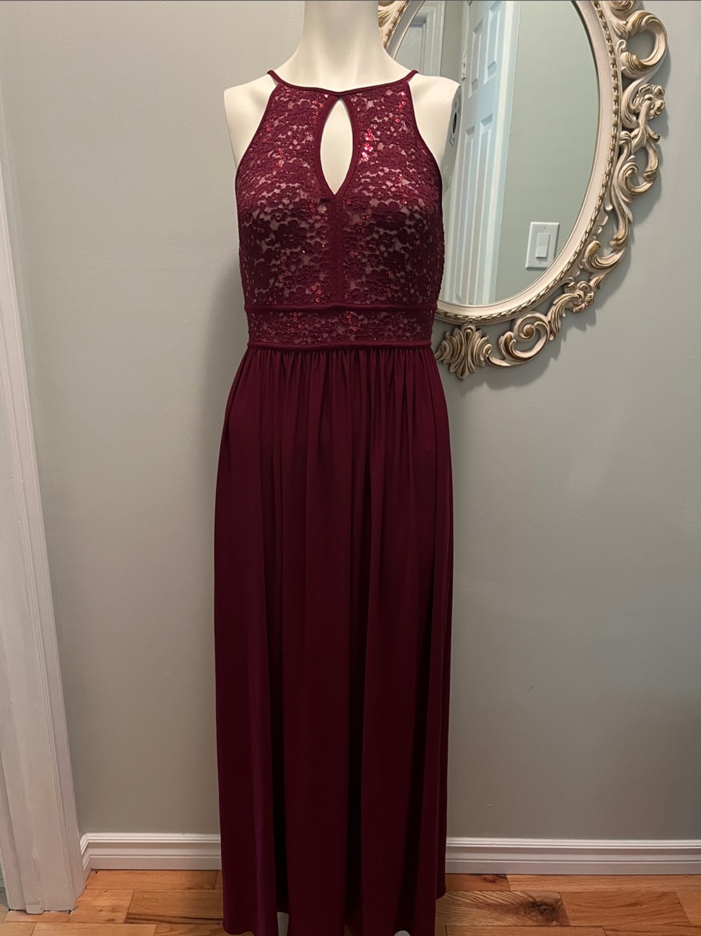 High-Neck Lace Bodice Maxi Dress in Burgundy